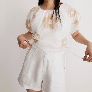 MADEWELL XS Embroidered Poplin Puff Sleeve Crop Top with Cutots